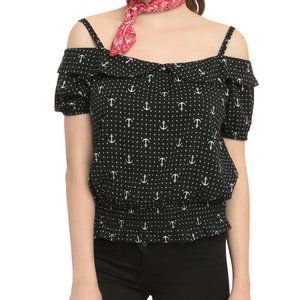 New Black & White Dot Anchor Cold-Shoulder Polka Dot Top sz L